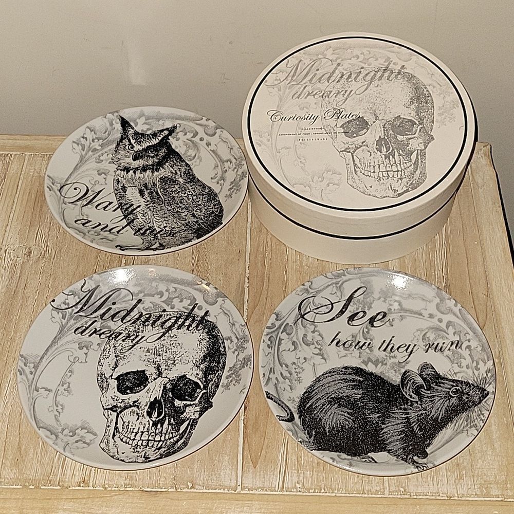 POTTERY BARN Curiosity Plates Midnight Dreary Appetizer SET of  3  6 1/2”